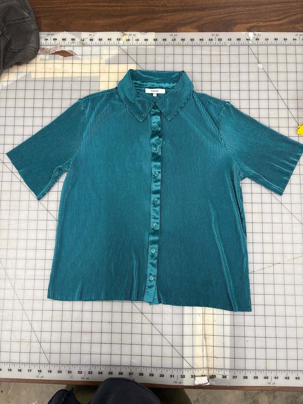 RO&DE Teal Pleated Button Down Short Sleeve Shirt